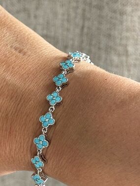 Silver Turquoise Flower clover Bracelet - Women Jewelry
